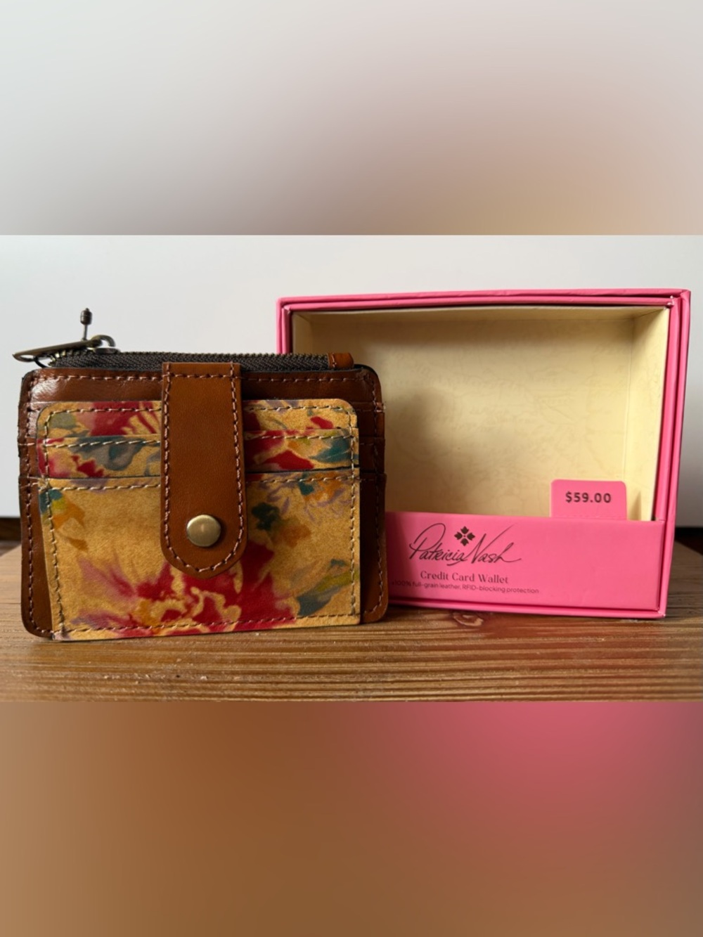 Patricia Nash Multicolor Floral Leather Credit Card Wallet - Brown Trim